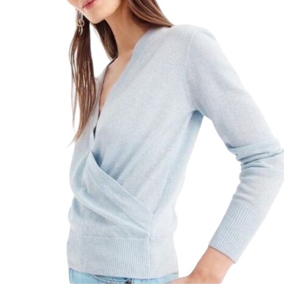 J. Crew Lurex Shimmer Metallic Baby Blue Knit Surplice Wrap Sweater Top - S - Picture 2 of 14